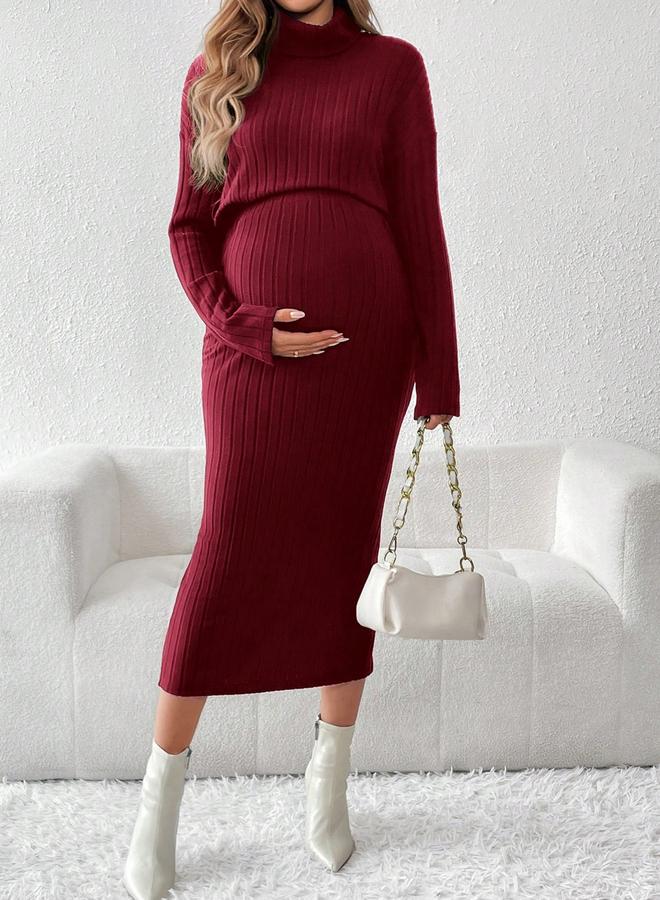 تايك تو طقم مضلع للحوامل بلوزة بياقة مرتفعة وتنورة بخصر مرن قابل للتعديل - Image 3